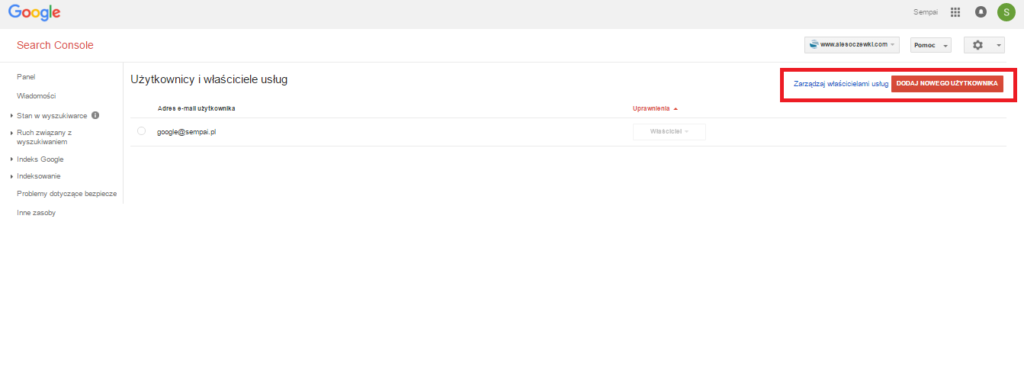 dodanie użytkownika do google search console