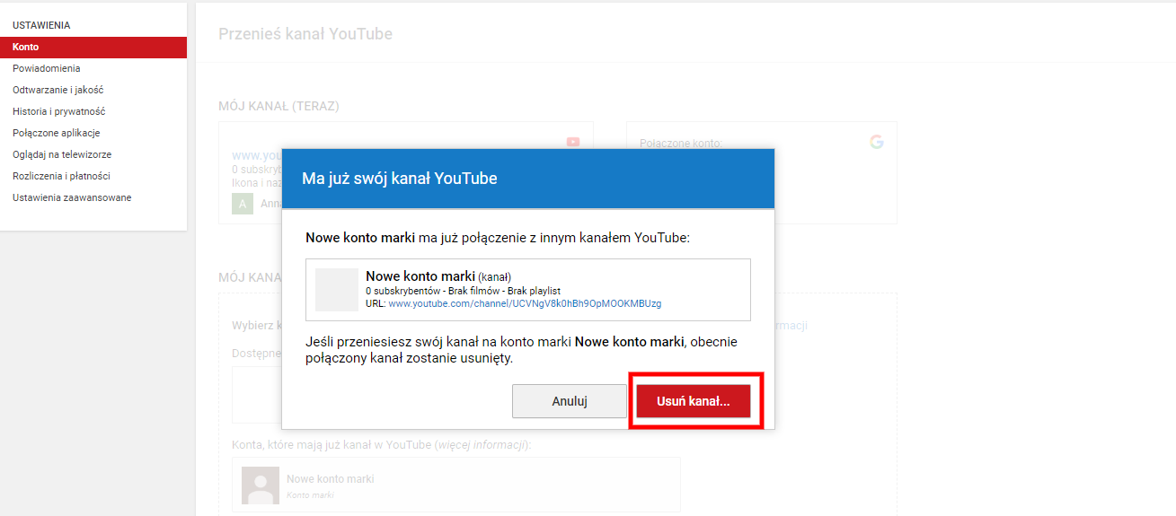 Przeniesienie kanału YT na konto marki