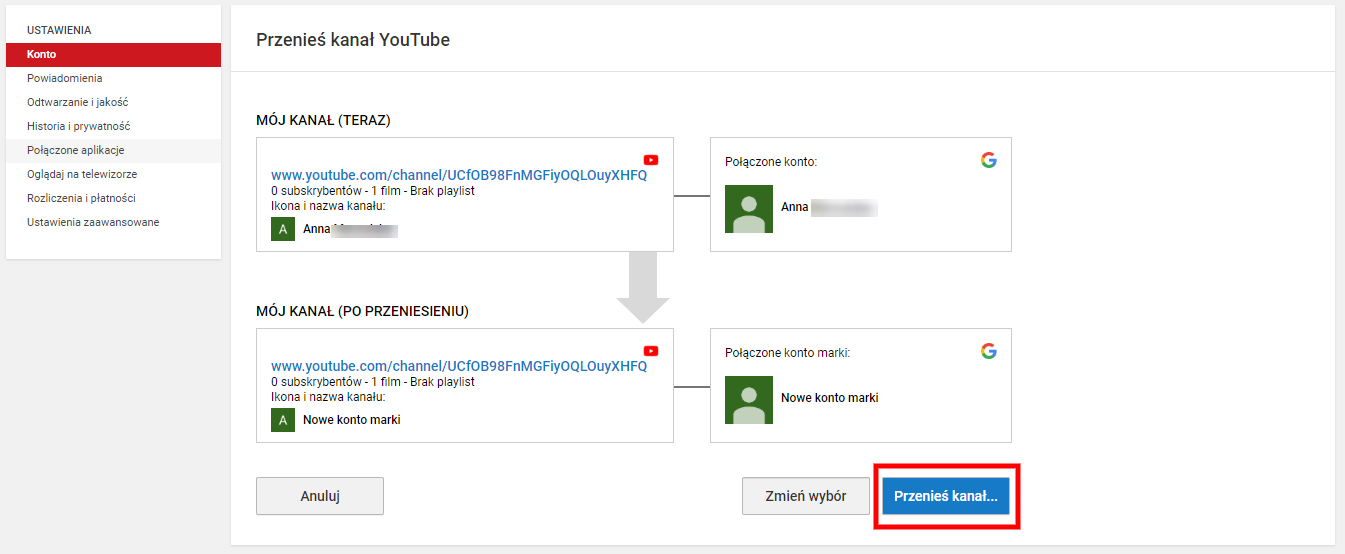 Przeniesienie kanału YT na konto marki