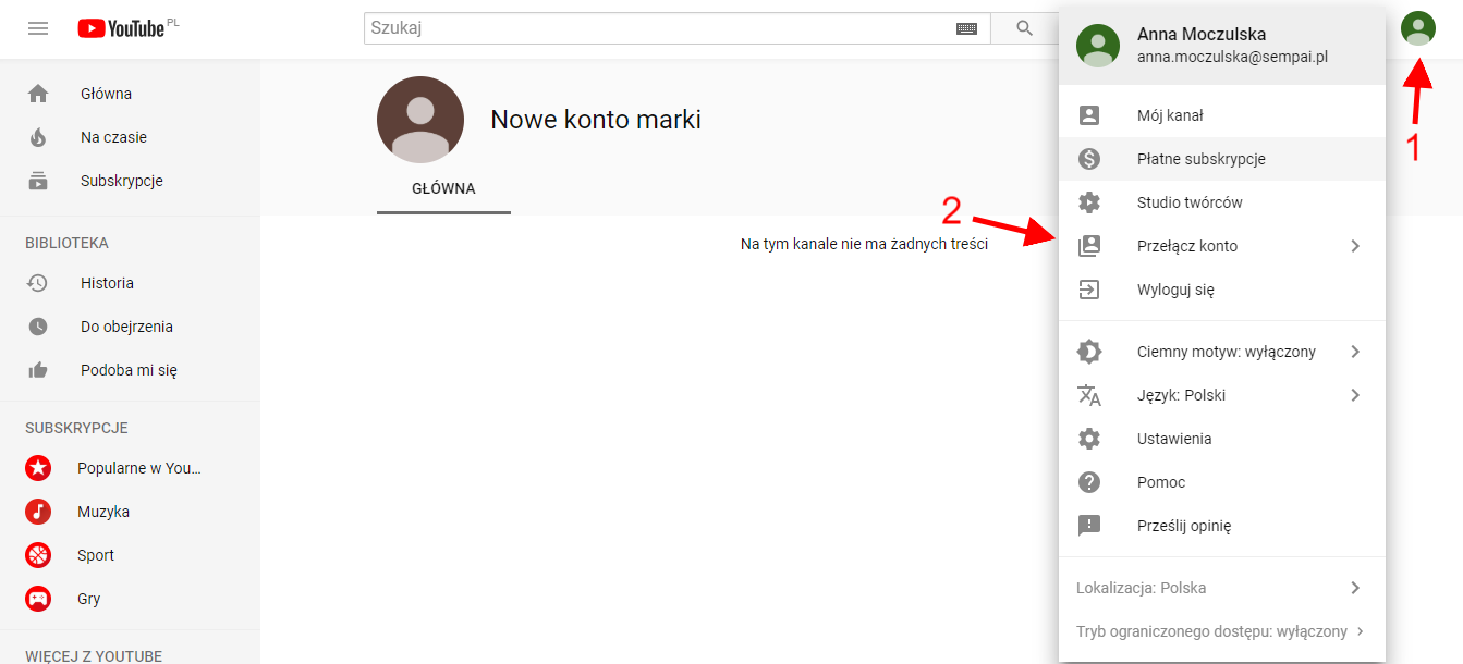Przeniesienie kanału YT na konto marki