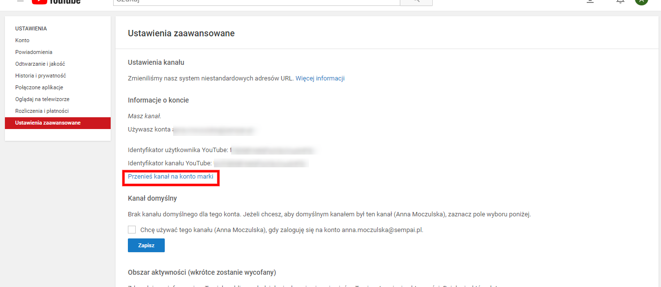 Przeniesienie kanału YT na konto marki