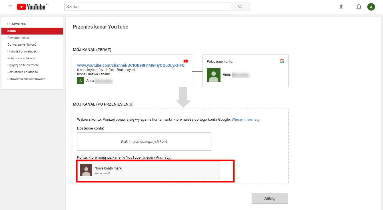 Przeniesienie kanału YT na konto marki