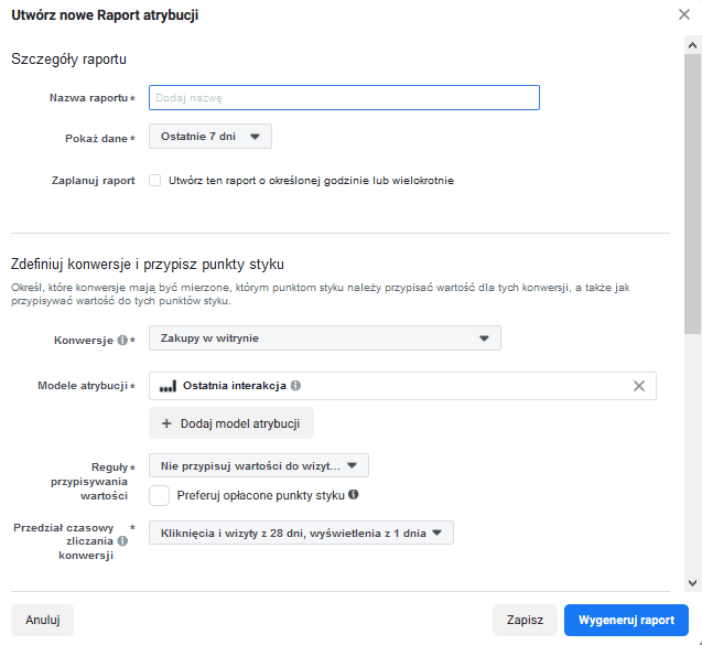 Facebook attribution raporty niestandardowe 3