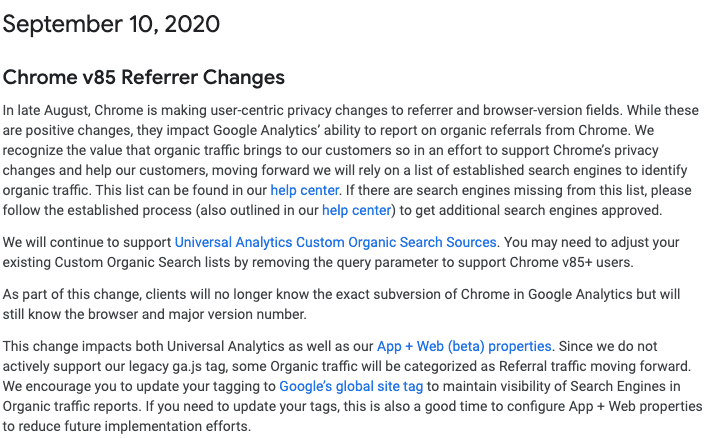 update chrome google analytics