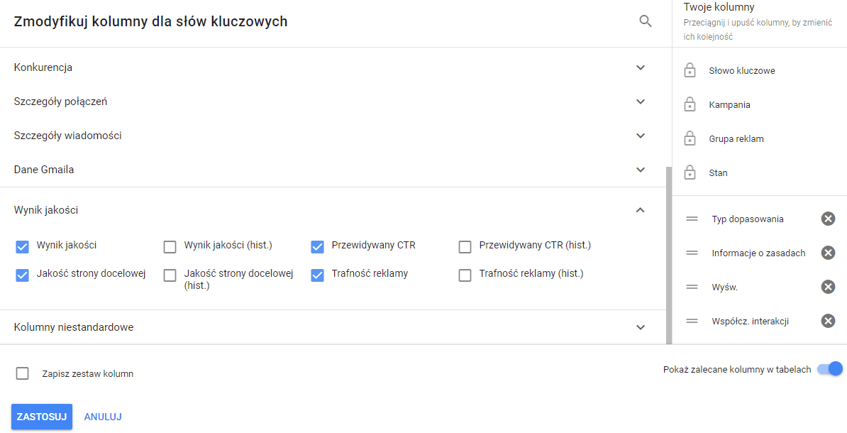 Od czego zależy pozycja reklamy w Google - wynik jakości kolumny