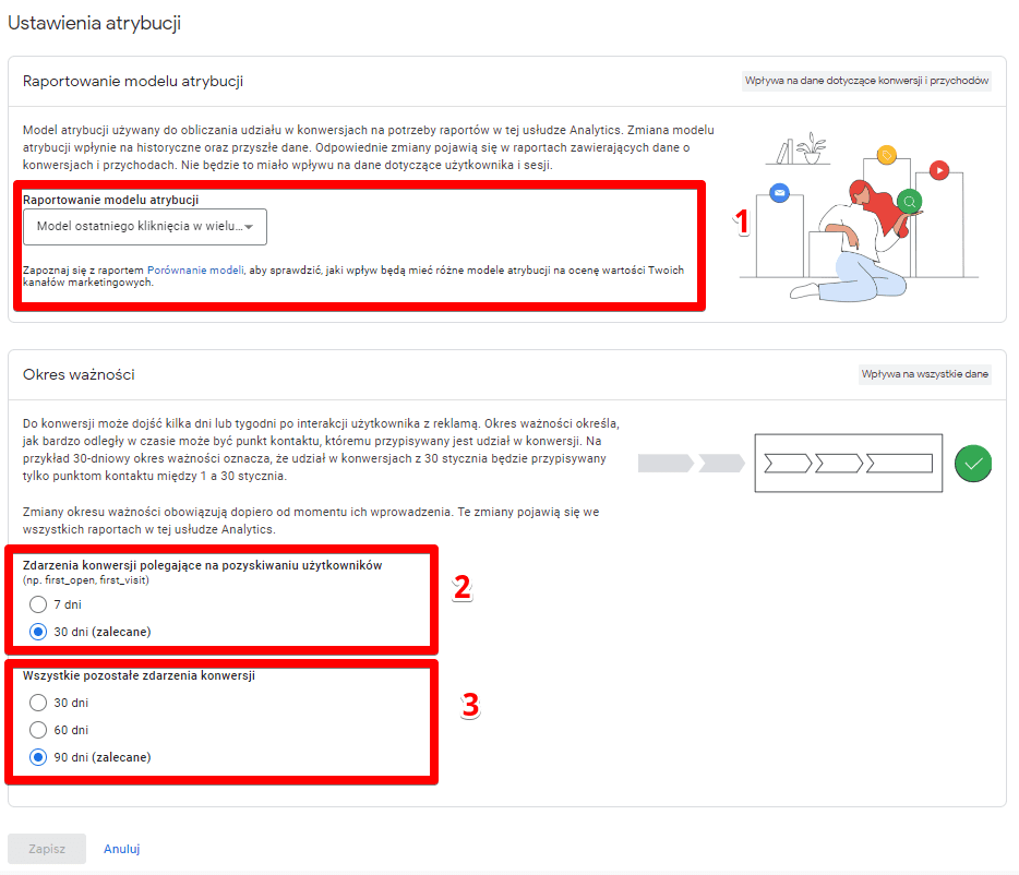 GA4 zmiany ustawień atrybucji