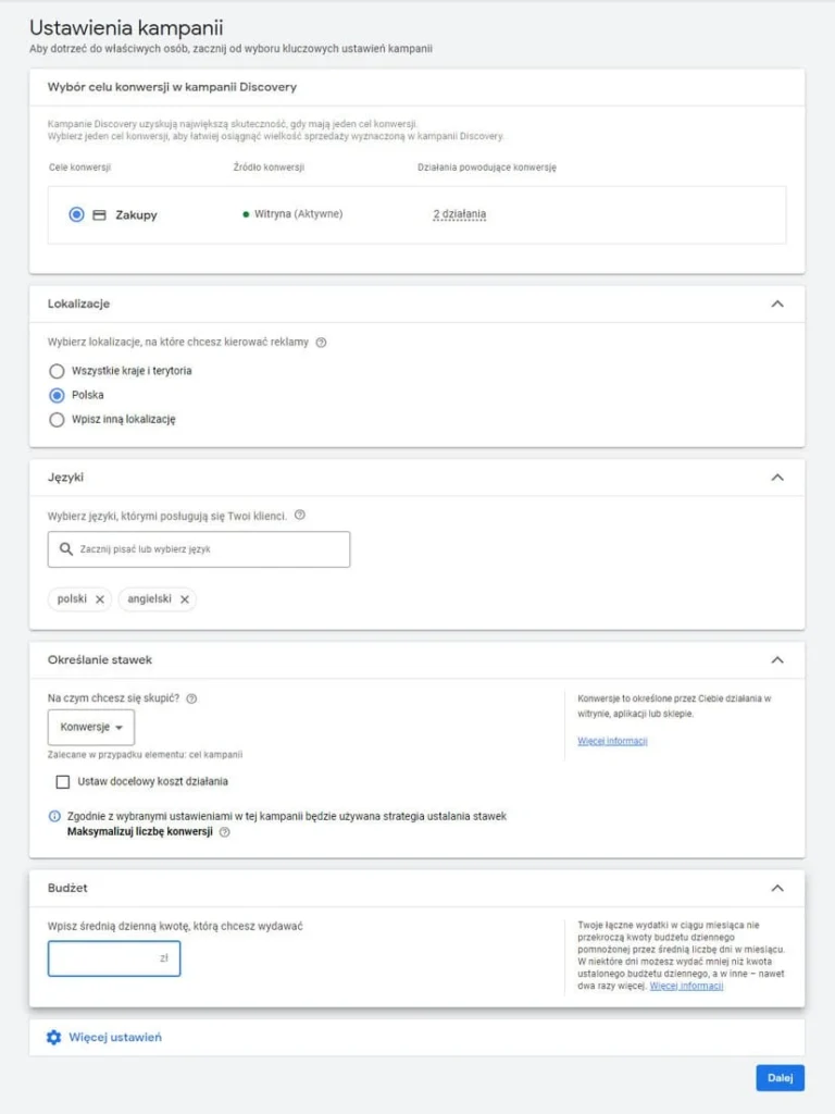 google ads ustawienia kampanii