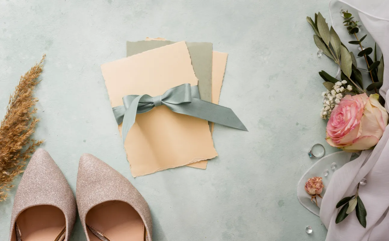 wedding invitation and bride shoes