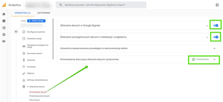 Google Analytics potwierdzenie zbierania danych