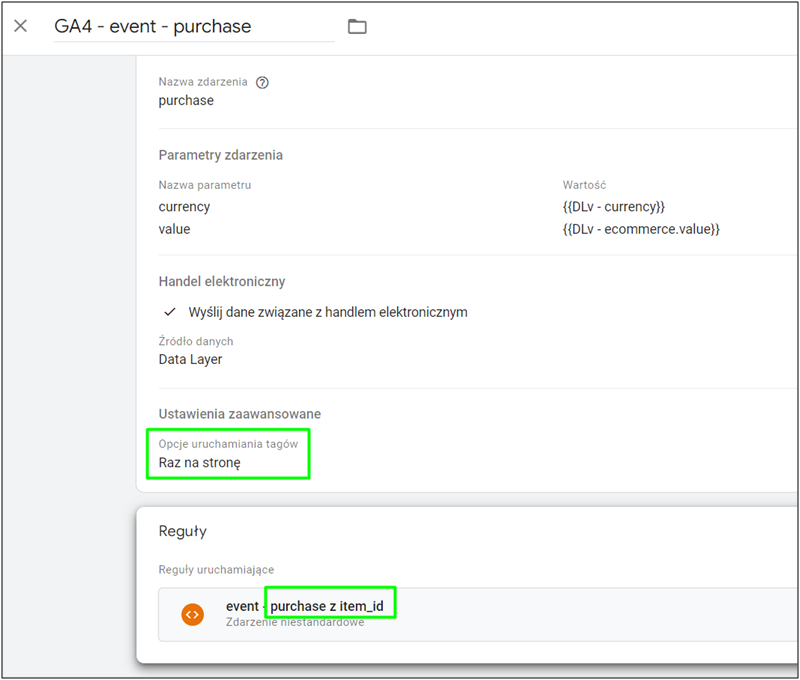 przyklad konfiguracji tagu ga4 event purchase
