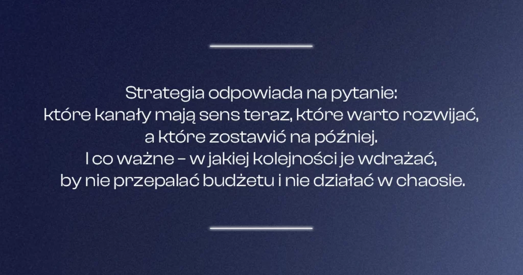 Strategia odpowiada na pytanie: które kanały mają sens teraz, które warto rozwijać, a które zostawić na później. I co ważne – w jakiej kolejności je wdrażać, by nie przepalać budżetu i nie działać w chaosie.