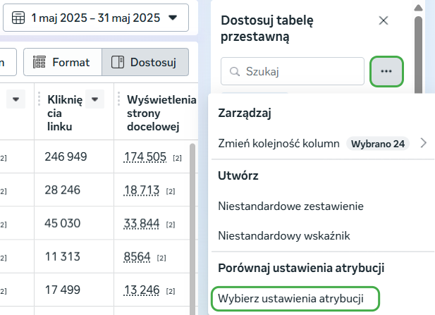 Widok kolumny "Dostosuj tabelę przestawną z zaznaczoną ikoną trzech kropek "Zarządzaj". Poniżej zaznaczone na zielono "Wybierz ustawienia atrybucji". 