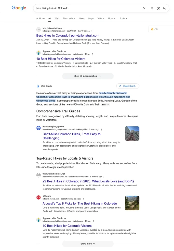 a google search results page for best hiking trai